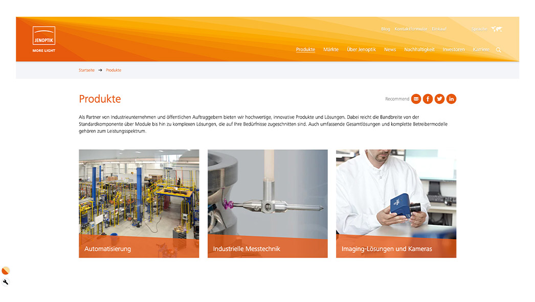 Referenz: Jenoptik, Website Screenshot mit Kacheldarstellung der Produktübersicht