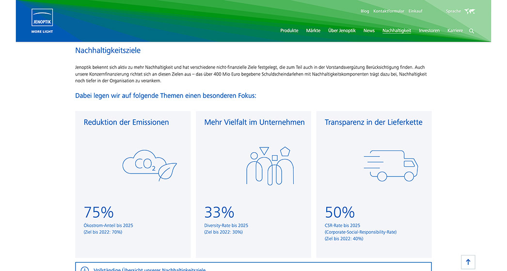 Referenz: Jenoptik, Website Screenshot mit visualisierten Kennzahlen
