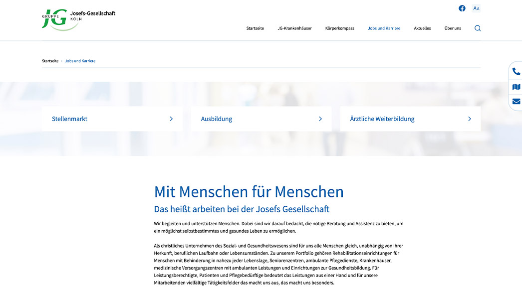 Referenz: Josefs-Gesellschaft, Websitescreenshot Karrierebereich