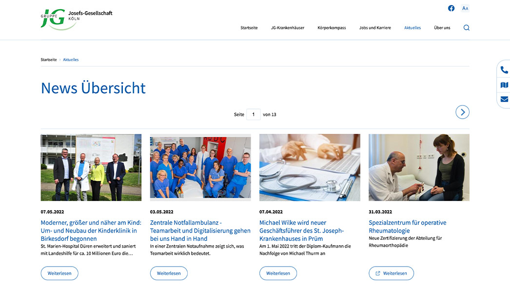 Referenz: Josefs-Gesellschaft, Websitescreenshot der News-Übersicht